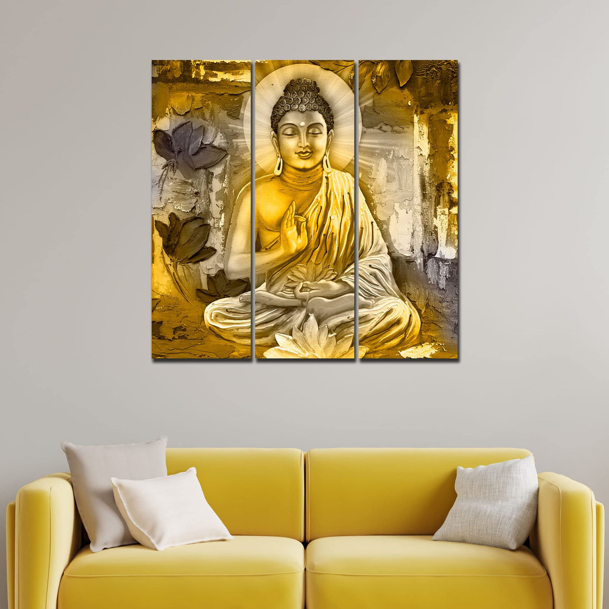 VIBECRAFTS 3 Pieces Meditating Buddha Canvas Wall Painting Fitted With Wooden Frame For Home | Office | Living Room | Gifts (PTVC3Pcs1_9597)
