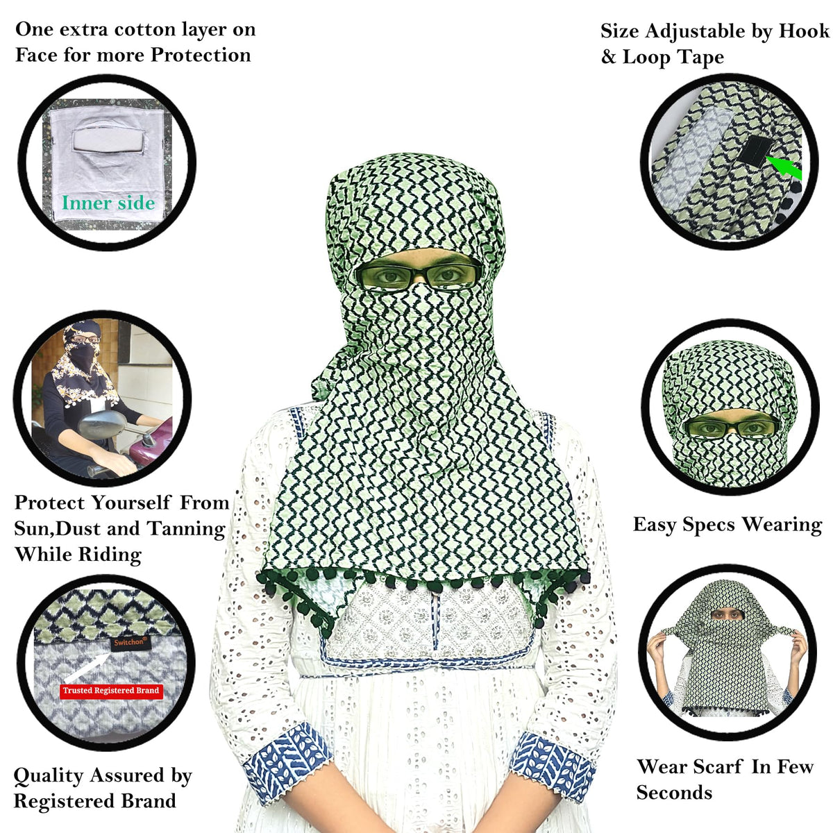 Switchon Scarf Hijab Rayon Printed fancy scarf for women Size Adjustable -Hook loop tape (Pista Green)