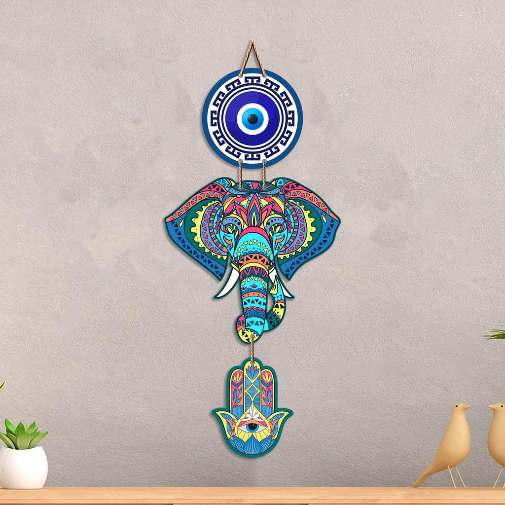 Artvibes Elephant Evil Eye Wall Hanging for Home Entrance | Lucky Elephant Nazar Battu MDF Wall Decor | Vastu Decorative Art for Living Room | Bedroom | Office | Main Door | Unique Gift (WH_8547N)