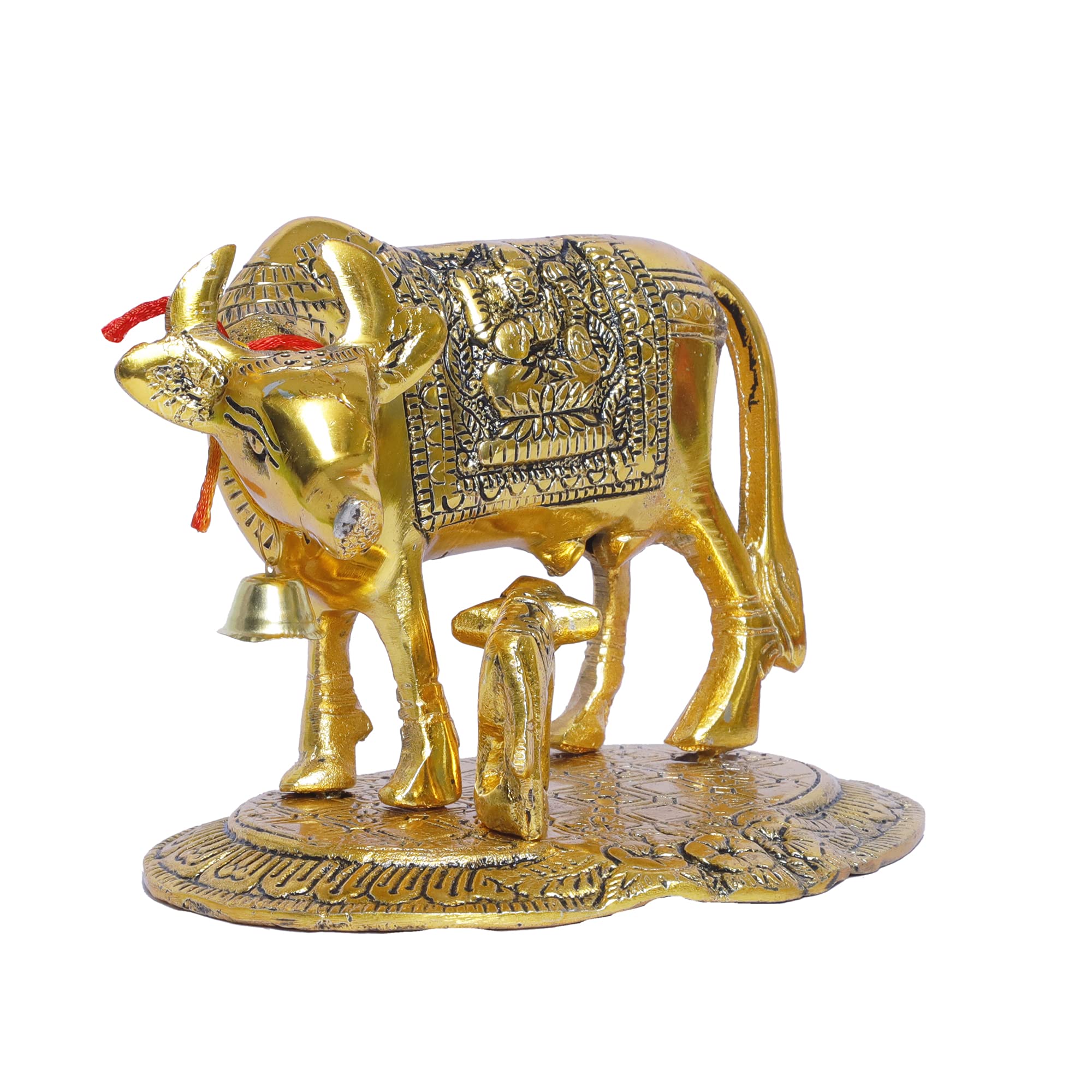 KridayKraft Gold Plated Kamdhenu Cow with Calf Metal Idols for Home Office Statue Murti for Decoration & Pooja Gifting Purpose Sculpture Good Luck Feng Shui As Table Top Figurine Gau MATA Idols
