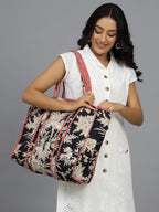 Ravaiyaa - Attitude is everything Women & Man Beautiful Printed Cotton Grocery Shopping Bag | Shoulder Bag | Cotton Tote Bag | Travel Tote Bags 18x5.5x16 Inch (Black Beige Floral)