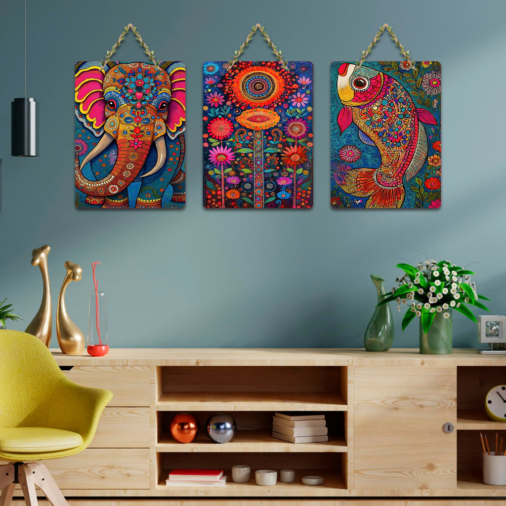 Artvibes Artistic Elephant & Fish Designer Modern Art Wooden Art Decoration Item for Home | Art For Wall | Wall Sculpture | Signs & Plaques | Aesthetic Wooden Decor | Ideal Gifts (WH_9623N), Set of 3