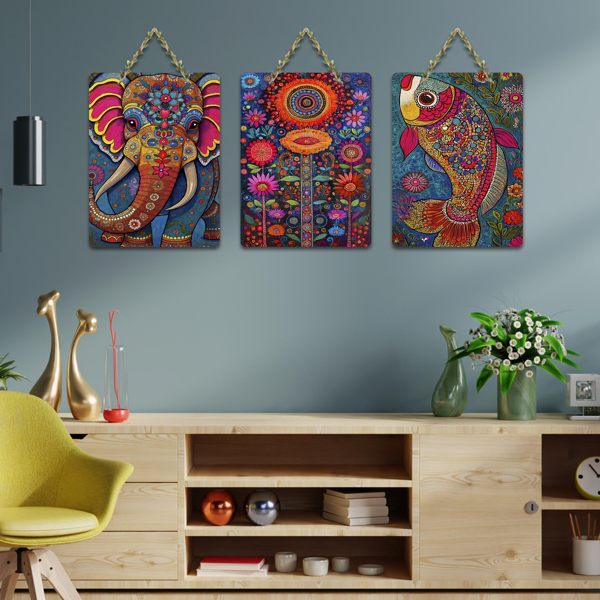 Artvibes Artistic Elephant & Fish Designer Modern Art Wooden Art Decoration Item for Home | Art For Wall | Wall Sculpture | Signs & Plaques | Aesthetic Wooden Decor | Ideal Gifts (WH_9623N), Set of 3