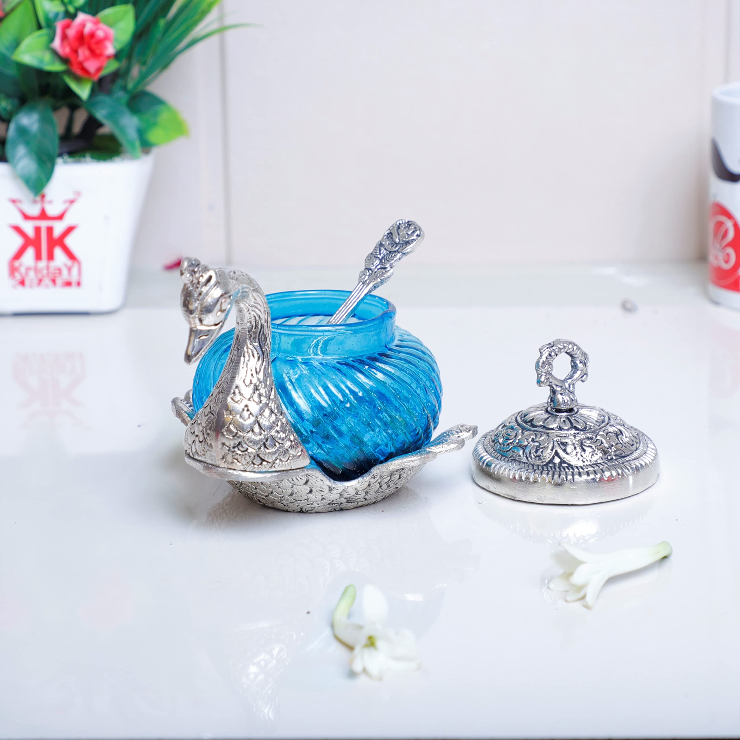KridayKraft Metal Duck Shape Glass Bowl with Spoon for Saunf Supari & Dry Fruit Bowl of Home and Office Table Decorative Showpiece & Gifting Purpose