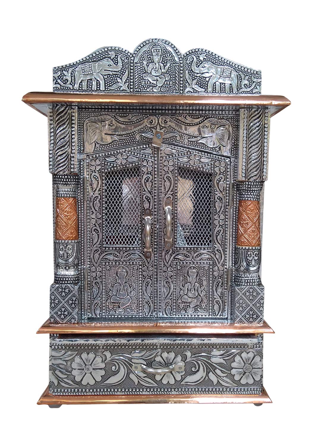 Genaric Vd-Star Aluminium And Copper Oxidized Metal Wooden Handcrafted Designs Temple (Silver And Bronze),H-16In