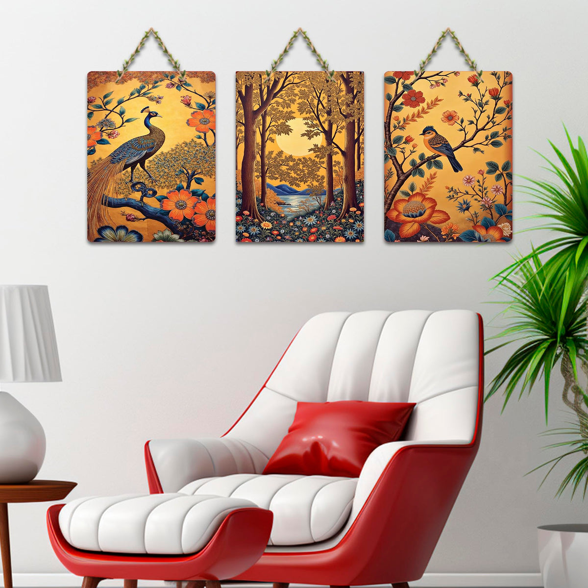 Artvibes Colorful Peacock & Forest Harmony Artistic Decorative MDF Wooden Wall Art for Home | Handcrafted Art | Graphic Artwork | Wall Illustrations | Sceneries | Gift Items (WH_9618N), Set of 3
