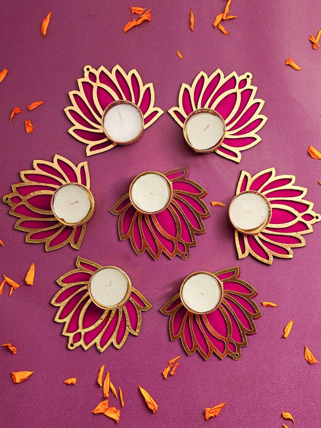 TIED RIBBONS Decorative Lotus Tealight Candle Holder Stand Set of 7 - Decoration Items for Home Decor Diyas Indoor Outdoor Office Gifting, Gold