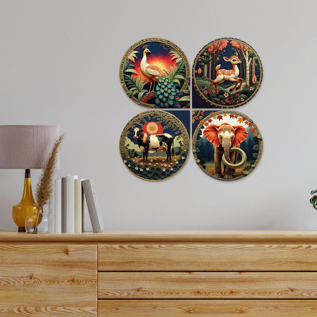Artvibes Animals in Forest Modern Art Decorative MDF Wooden Wall Art for Home | Living Room | Office | Wall Art Painting For Hall | Graphic Artwork | Wall Poster | Gift Items (WH_8422N), Set of 4