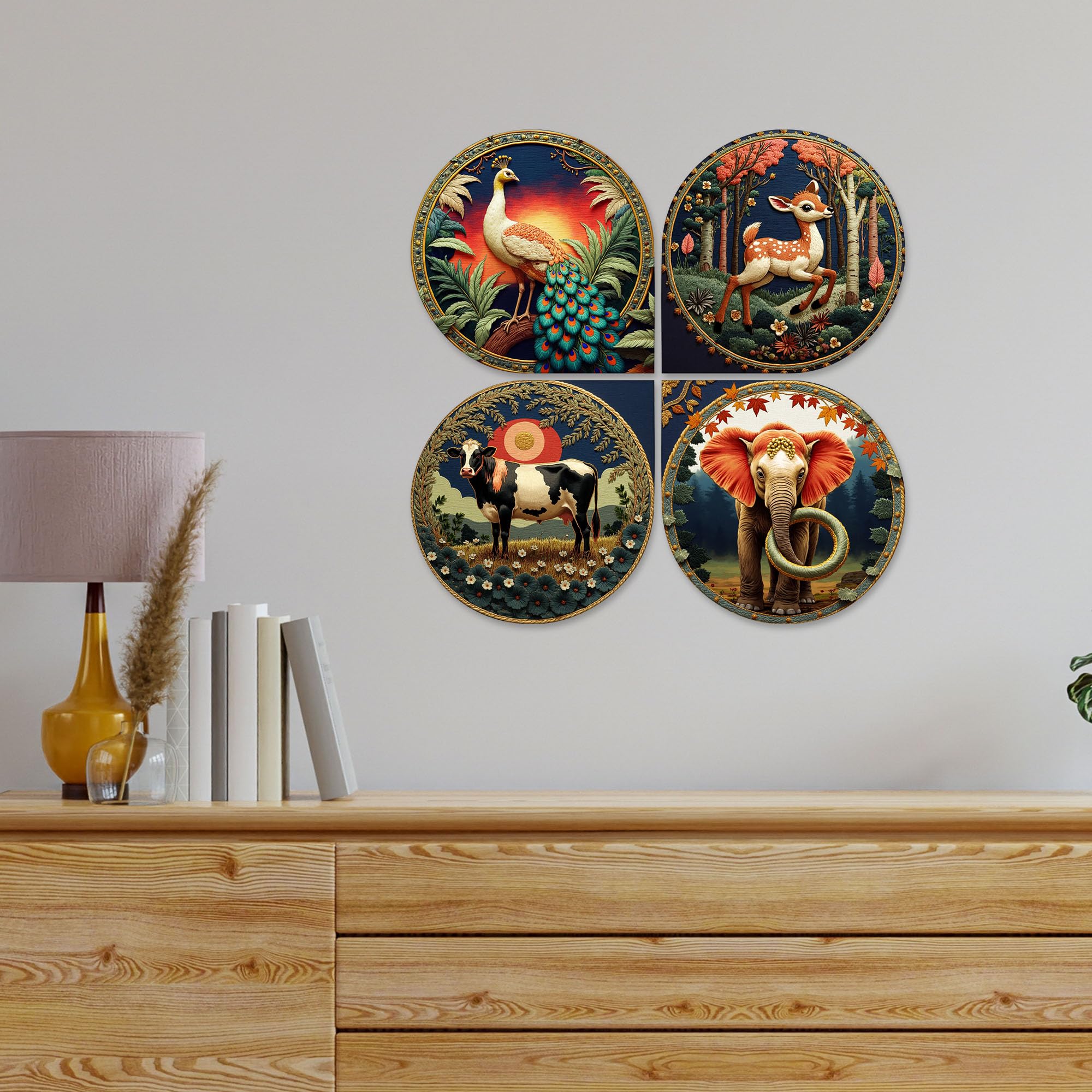 Artvibes Animals in Forest Modern Art Decorative MDF Wooden Wall Art for Home | Living Room | Office | Wall Art Painting For Hall | Graphic Artwork | Wall Poster | Gift Items (WH_8422N), Set of 4