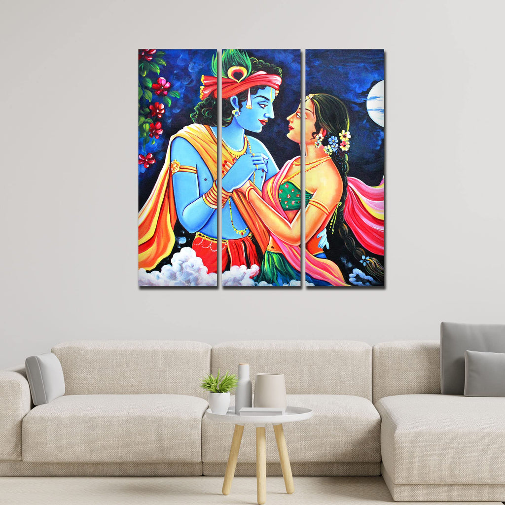 VIBECRAFTS 3 Pieces Shree Radha Krishna Canvas Wall Painting Fitted With Wooden Frame For Home | Office | Living Room | Gifts (PTVC3Pcs1_9544)