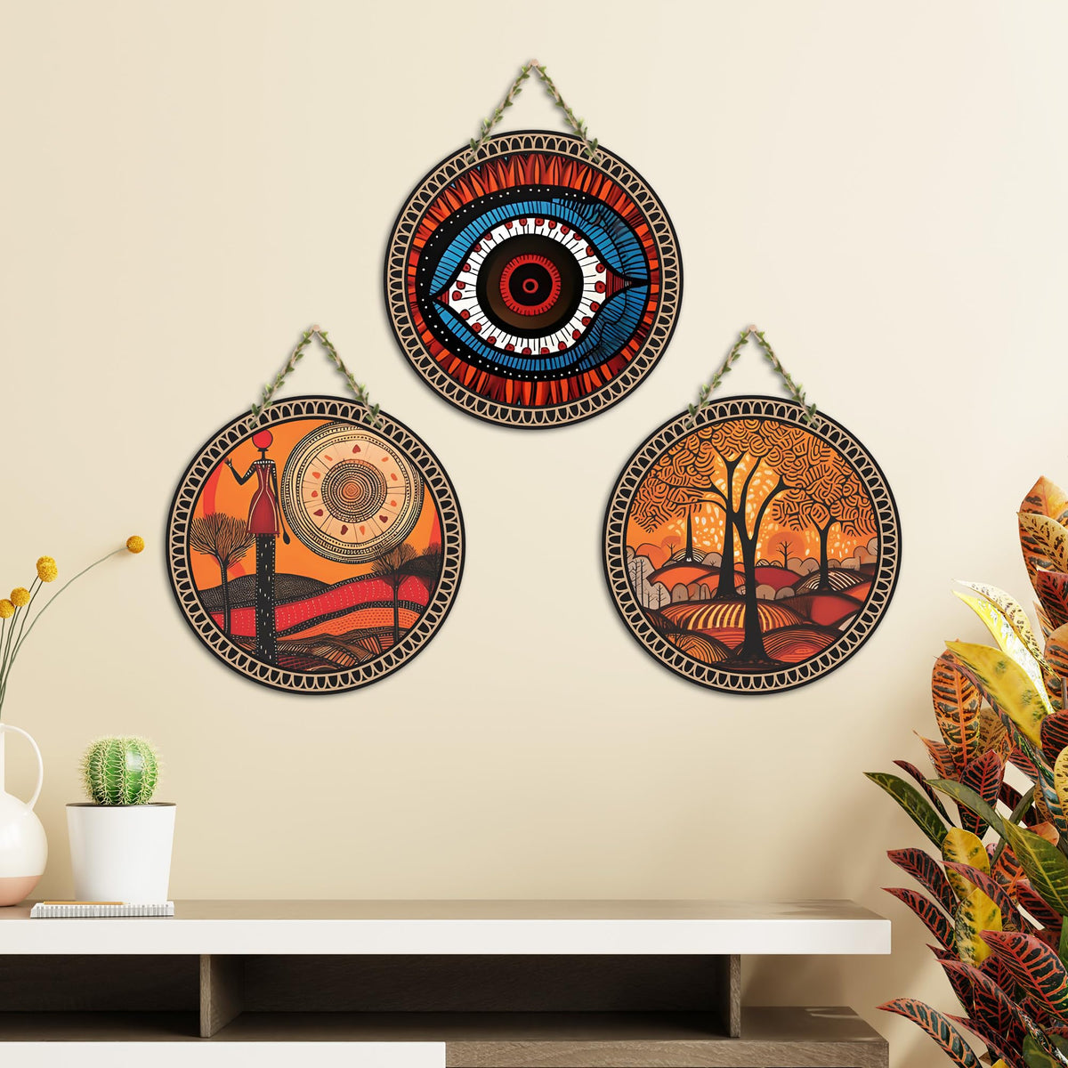 Artvibes Scenic Warli Art Round Shape MDF Wooden Wall Decor Items | Living Room | Office | Handcrafted Art | Wall Illustrations | Art Prints | Aesthetic Wall Art | Ideal Gifts (WH_9902N), Set of 3