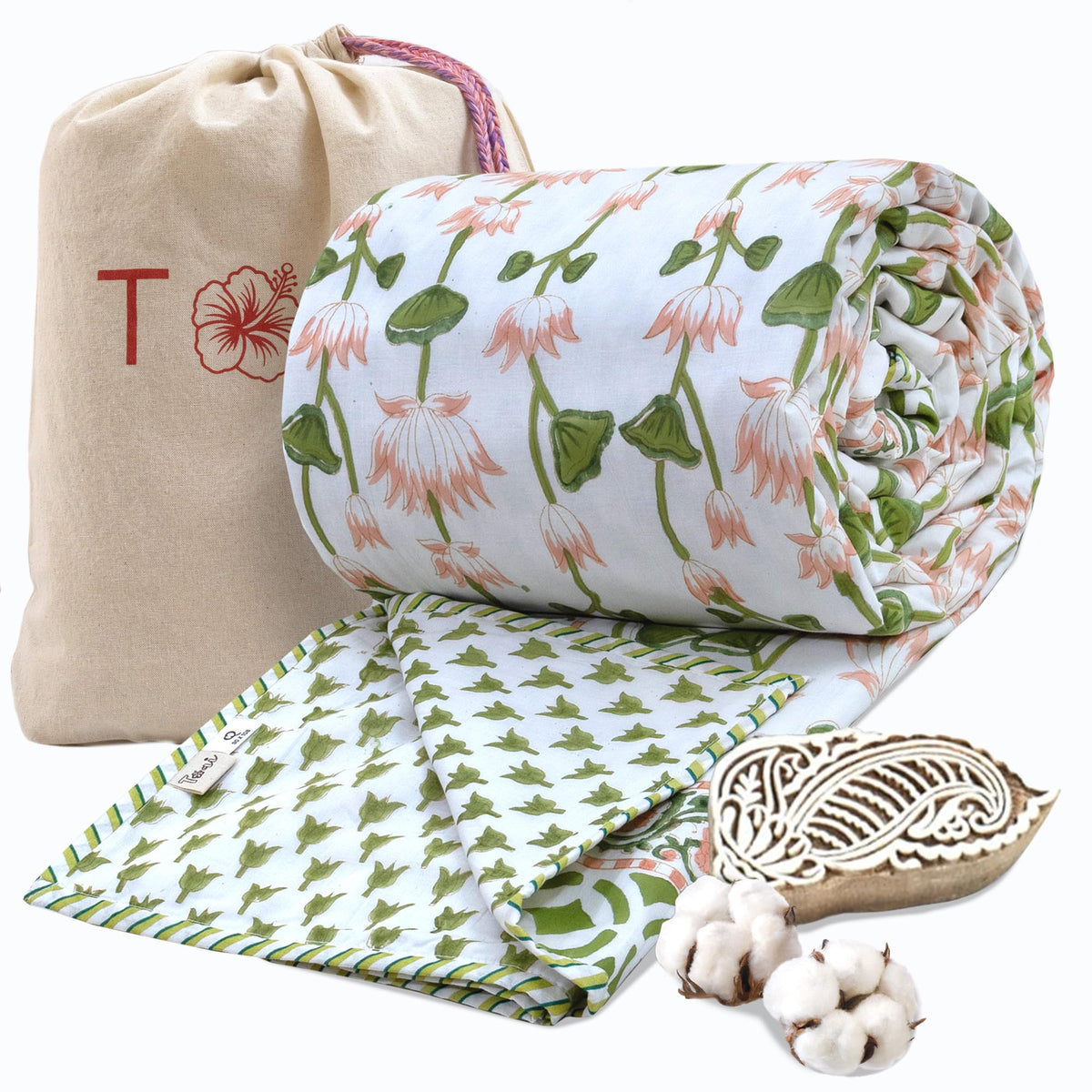 TOAIArt Premium Jaipuri Dohar | AC Blanket Summer Quilt | Hand Block Printed | 3 Layers | Reversible | 150GSM 100% Mulmul Cotton | 100% Cotton Flannel Filling | King 108 X 90 | Lotus Vines Kafalo
