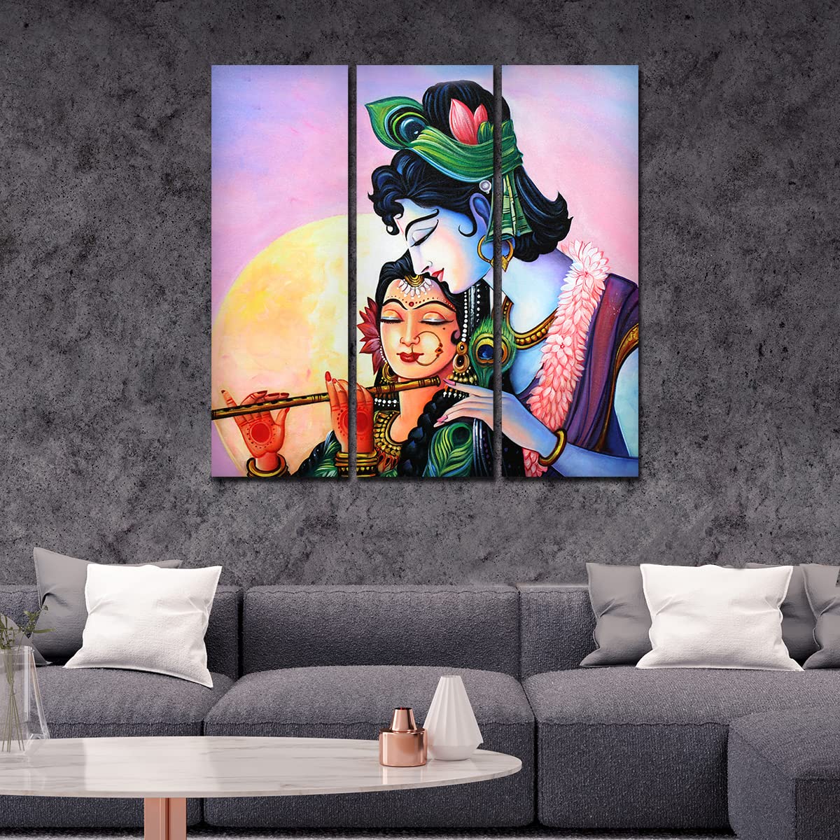 VIBECRAFTS Shri Radha Krishna With Flute 3 Pieces Canvas Wall Painting Fitted With Wooden Frame For Home | Office | Living Room | Gifts (PTVC3Pcs1_9534)