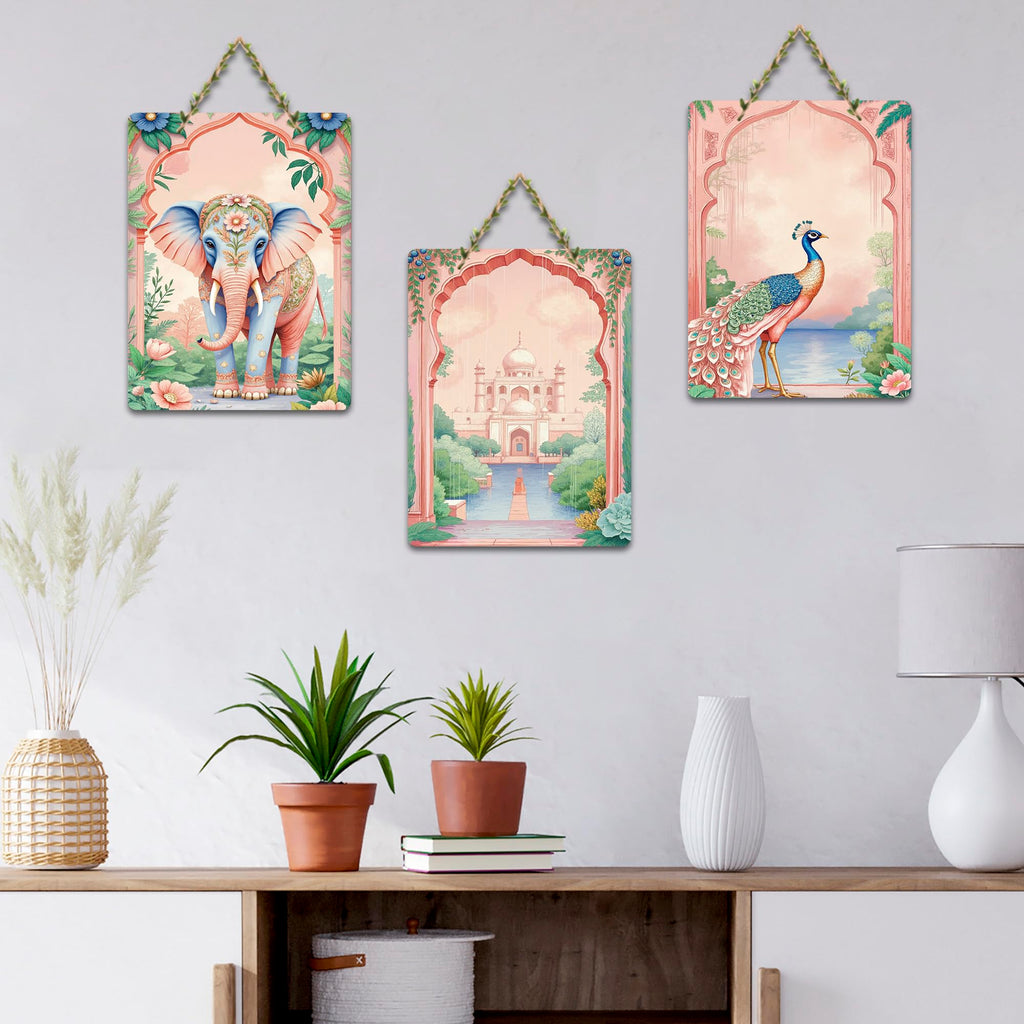 Artvibes Taj Mahal, Peacock & Elephant Royal Indian Modern Art Wooden Wall Hanger for Home Decor | Handcrafted Art | Aesthetic Wooden Decor | Graphic Artwork | Unique Gift (WH_9655NN), Set of 3
