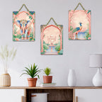 Artvibes Taj Mahal, Peacock & Elephant Royal Indian Modern Art Wooden Wall Hanger for Home Decor | Handcrafted Art | Aesthetic Wooden Decor | Graphic Artwork | Unique Gift (WH_9655NN), Set of 3