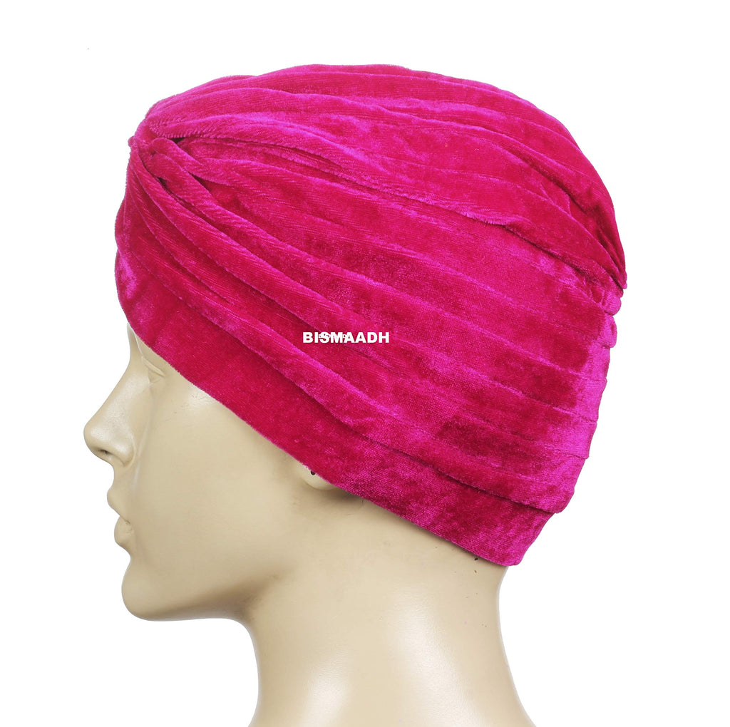 BISMAADH Velvet Soft Pleated Pre Tied Knot Readymade Turban/Pagri Head Wraps for Men & Women Dark Pink