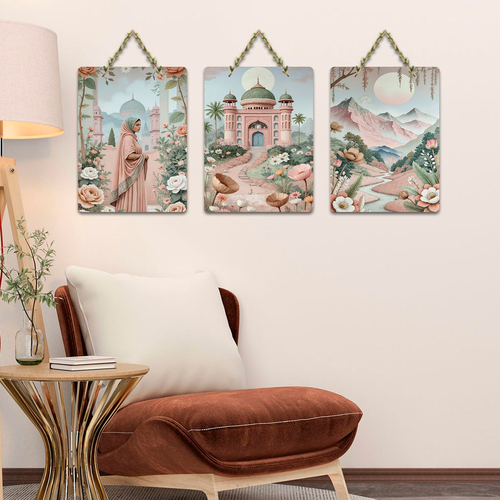 Artvibes Women In Front Of Palace & Mountains With Flowers Wooden Wall Hanger for Home Decor | Art For Wall | Wall Sculpture | Signs & Plaques | Wall Illustrations | Unique Gift (WH_9699N), Set of 3