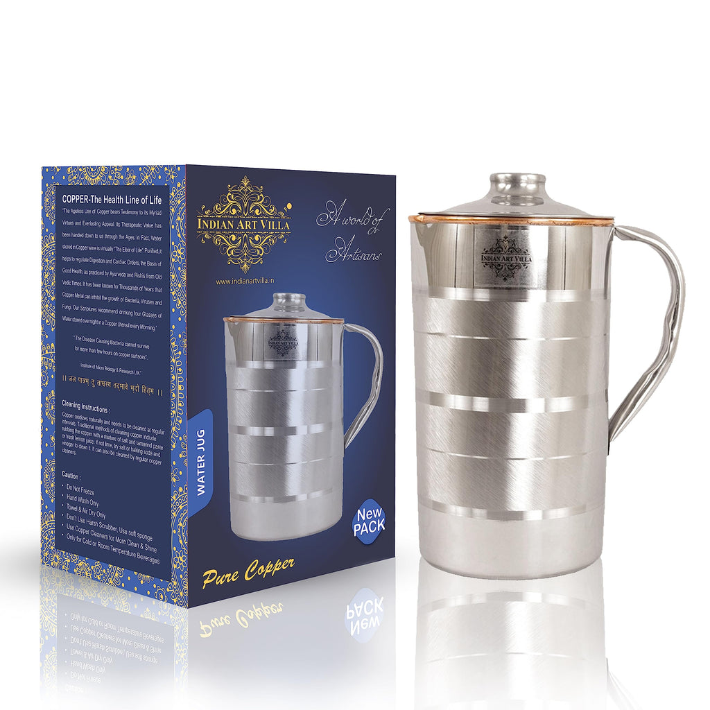 Indian Art Villa Steel Copper Luxury Design Jug Pitcher with Lid, Storage & Serving Water, Beneficial for Health, Volume-1000 ML