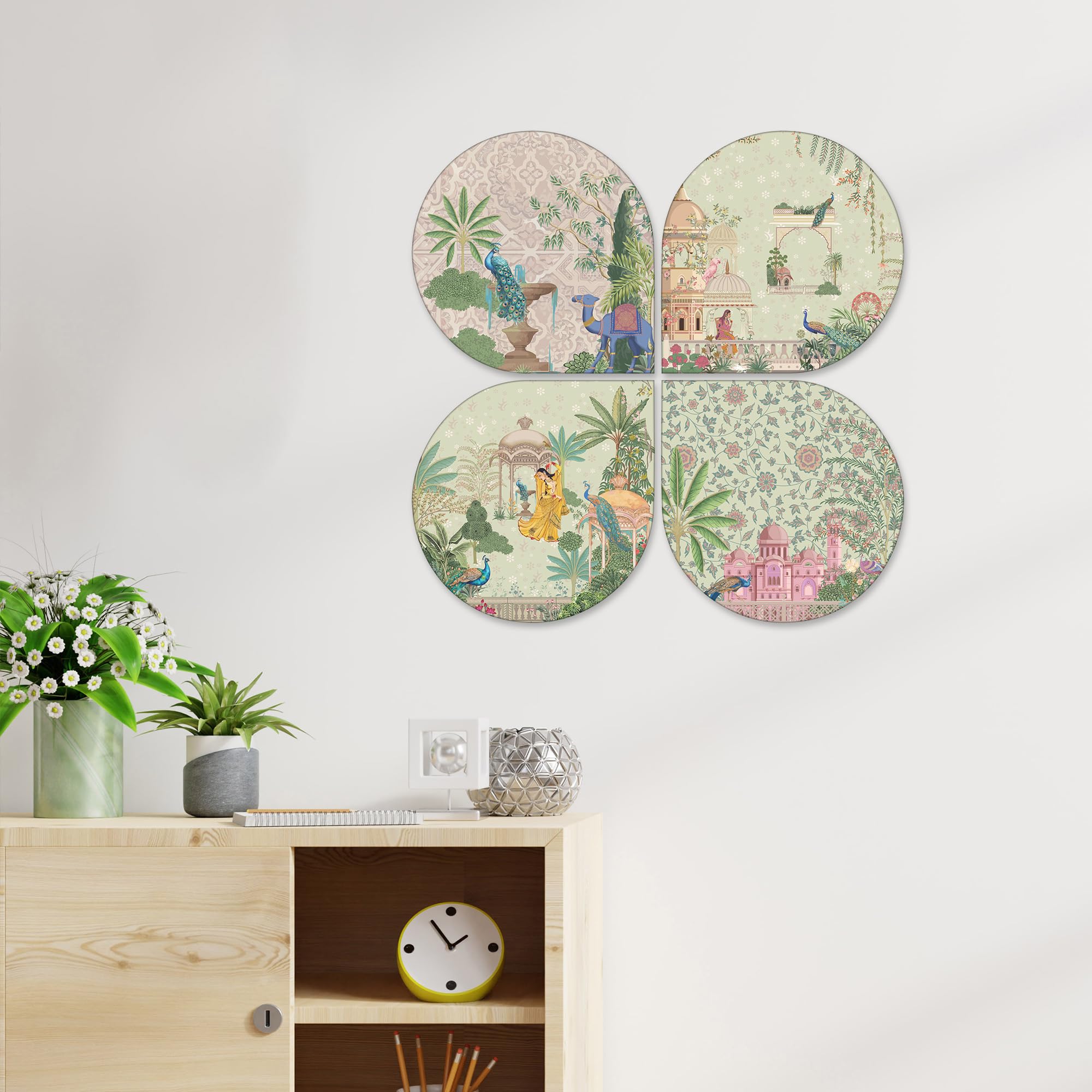Artvibes Mughal Wooden Wall Hanger for Home Decor | Graphic Artwork | Decoration Wall Hanging Items | Wall Sculpture | Aesthetic Wooden Decor | Aesthetic Wall Art | Ideal Gifts (WH_8436N), Set of 4