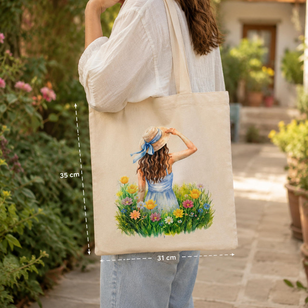 Filloxy Cotton Canvas Tote Bag -350 GSM | Heavy Duty Grocery, Office, Lunch, Travel & Gift Carry Bag | Printed Canvas Shoulder Tote (Natural Cotton) (cotton girl print bag -31 cm X 35 cm)