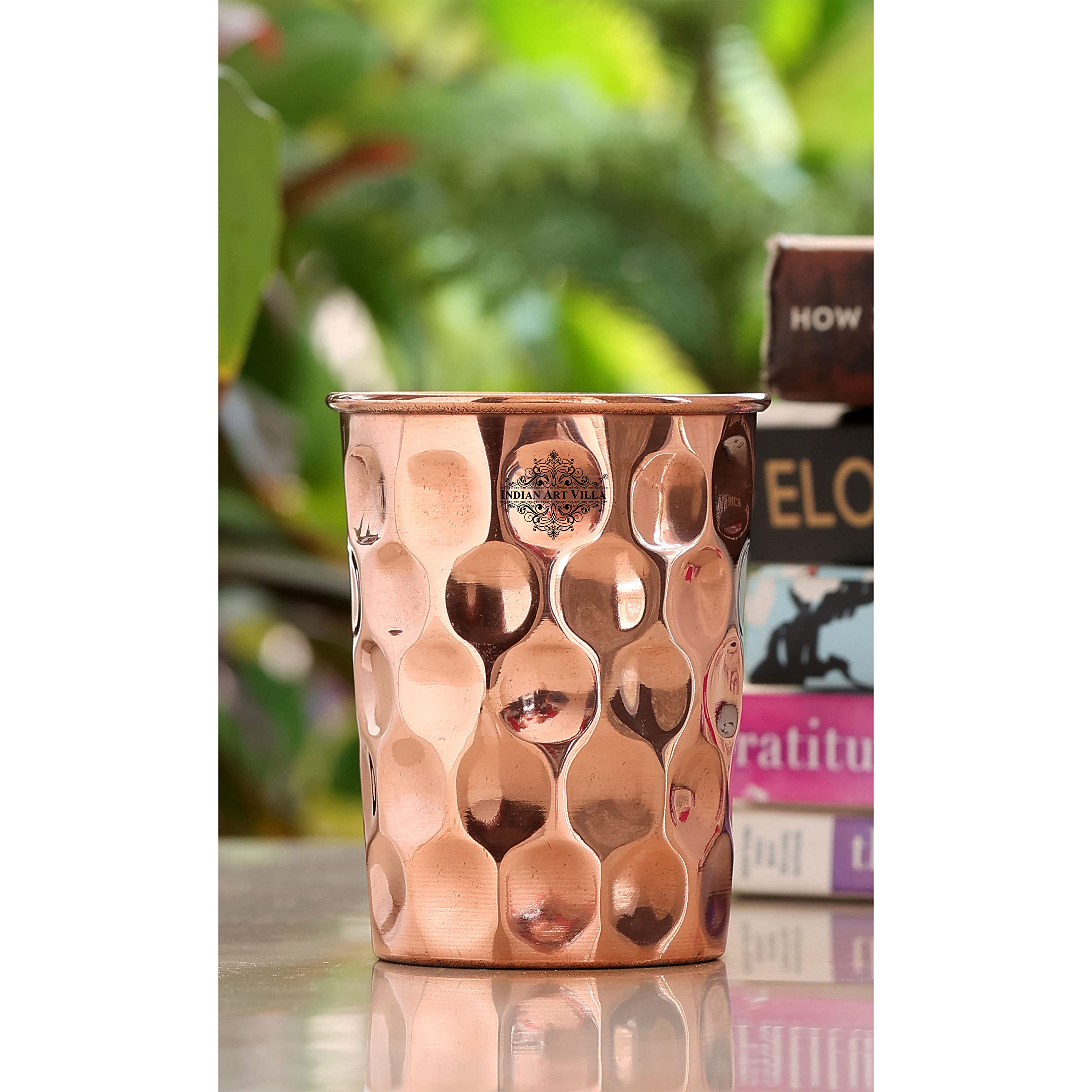 INDIAN ART VILLA Pure Copper Plain Glass with Diamond Hammered Design, Drinking Serving Water, Yoga Ayurveda, Volume-300 ml