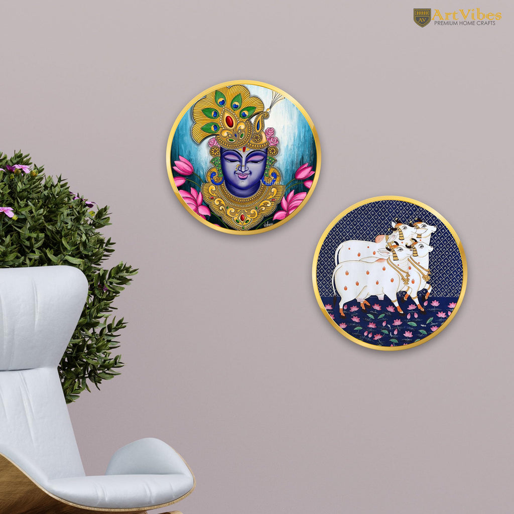 Artvibes Shrinath Ji & Cow Pichwai Art Round Shape MDF Wooden Wall Decor Items | Living Room | Handcrafted Art | Wall Illustrations | Art Prints | Aesthetic Wall Art | Ideal Gifts (WH_8807N), Set of 2