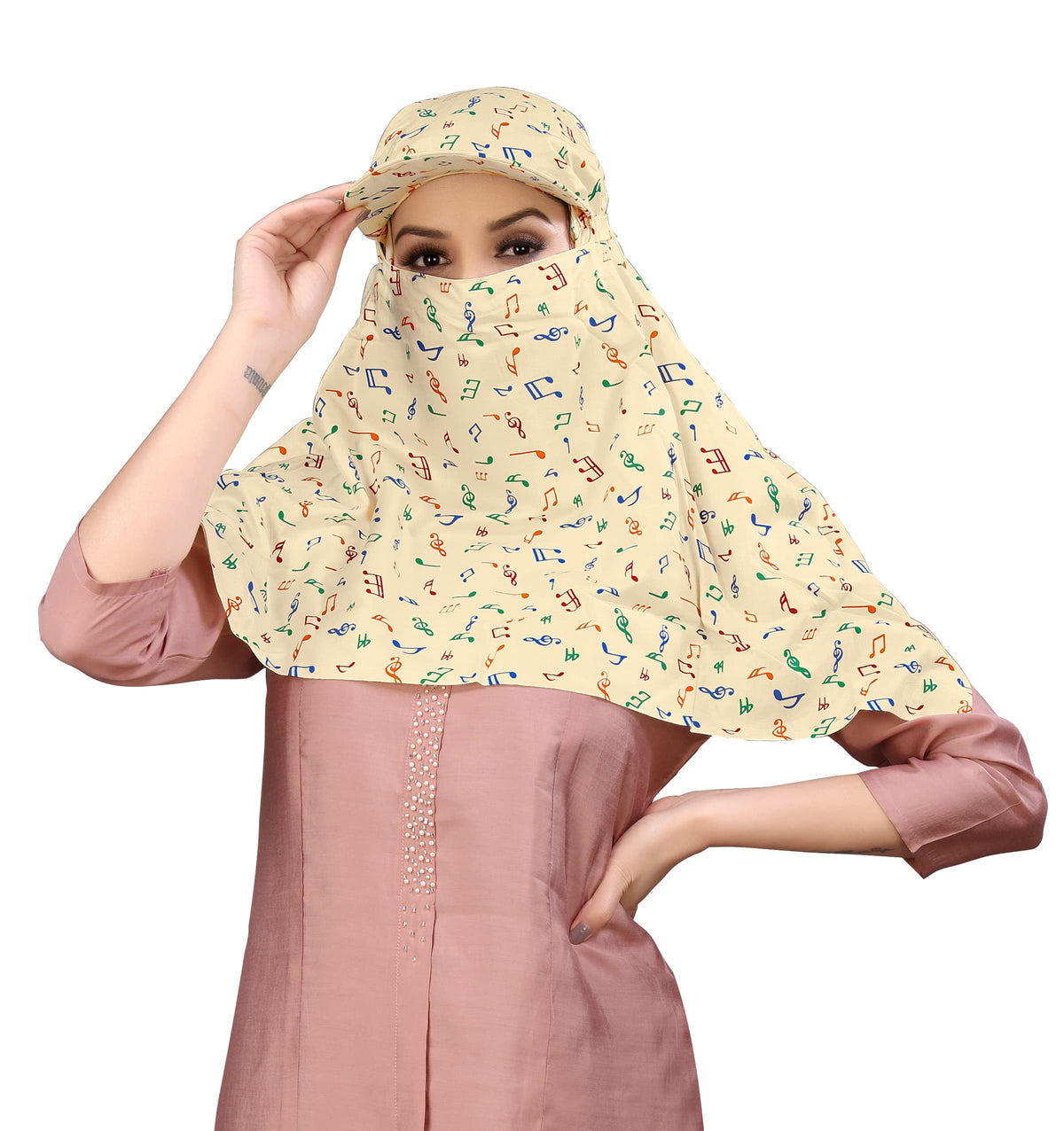TESY QWEN Women's Scarf Cum Mask with Cap, Rayon Multi-Functional Neck Gaiter with UV Protection for Biking, Hiking and Travel (Music)