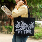 SKAPADORO Canvas Big Zip Handbag Tote,100% Cotton, Inner pocket, Unisex Embroidered Comfortable Bag for Travel Office Beach Shopping, Easy to Wash Trendy Everyday Shoulder Bag (Flowers)