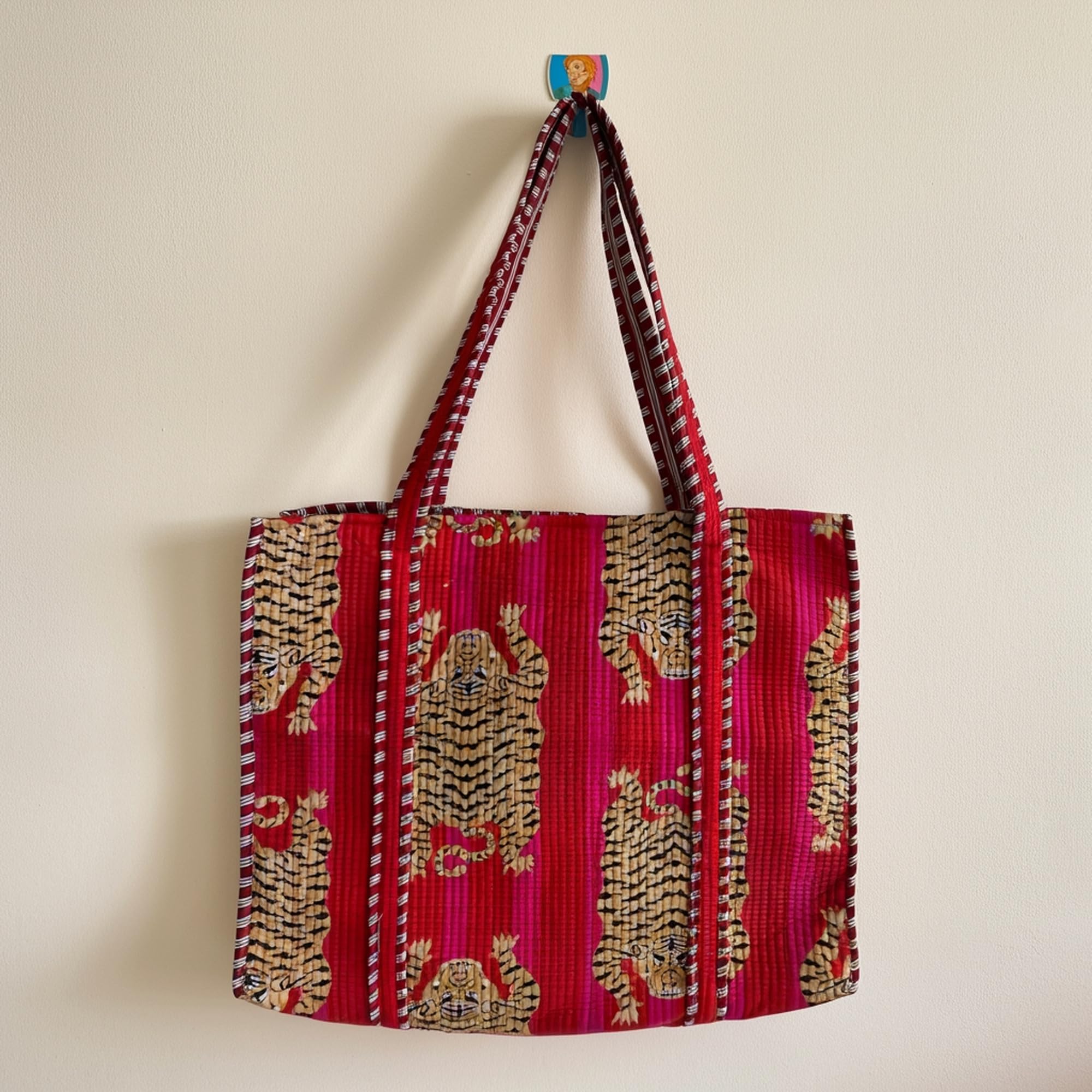 Vaishnav Exports Quilted Cotton Handbag | Red and Pink Tiger Print Pattern | Corduroy Texture | Handcrafted Everyday Tote Bag for Womens