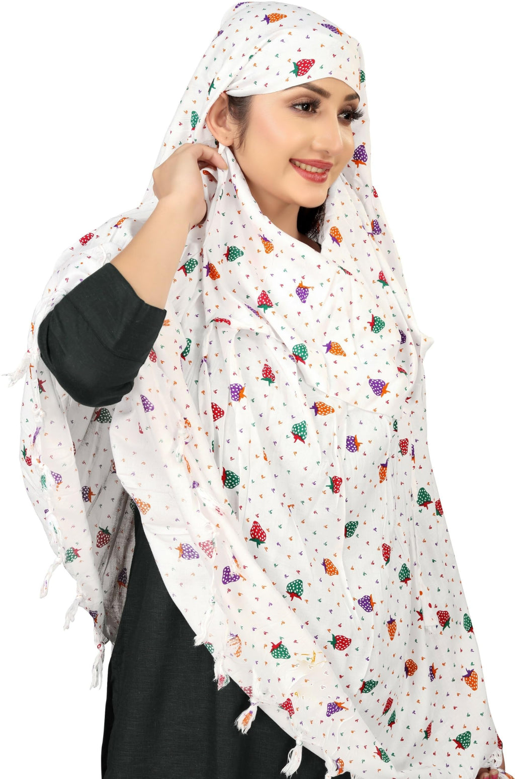 Sclout Soft Cotton Breathable Sun Protection Scarf Dupatta Usable for vehicle Driver | White Printed Design Stoles | Universal Size | For Girl & Women | Light Weight (Scarf - Strawberry)