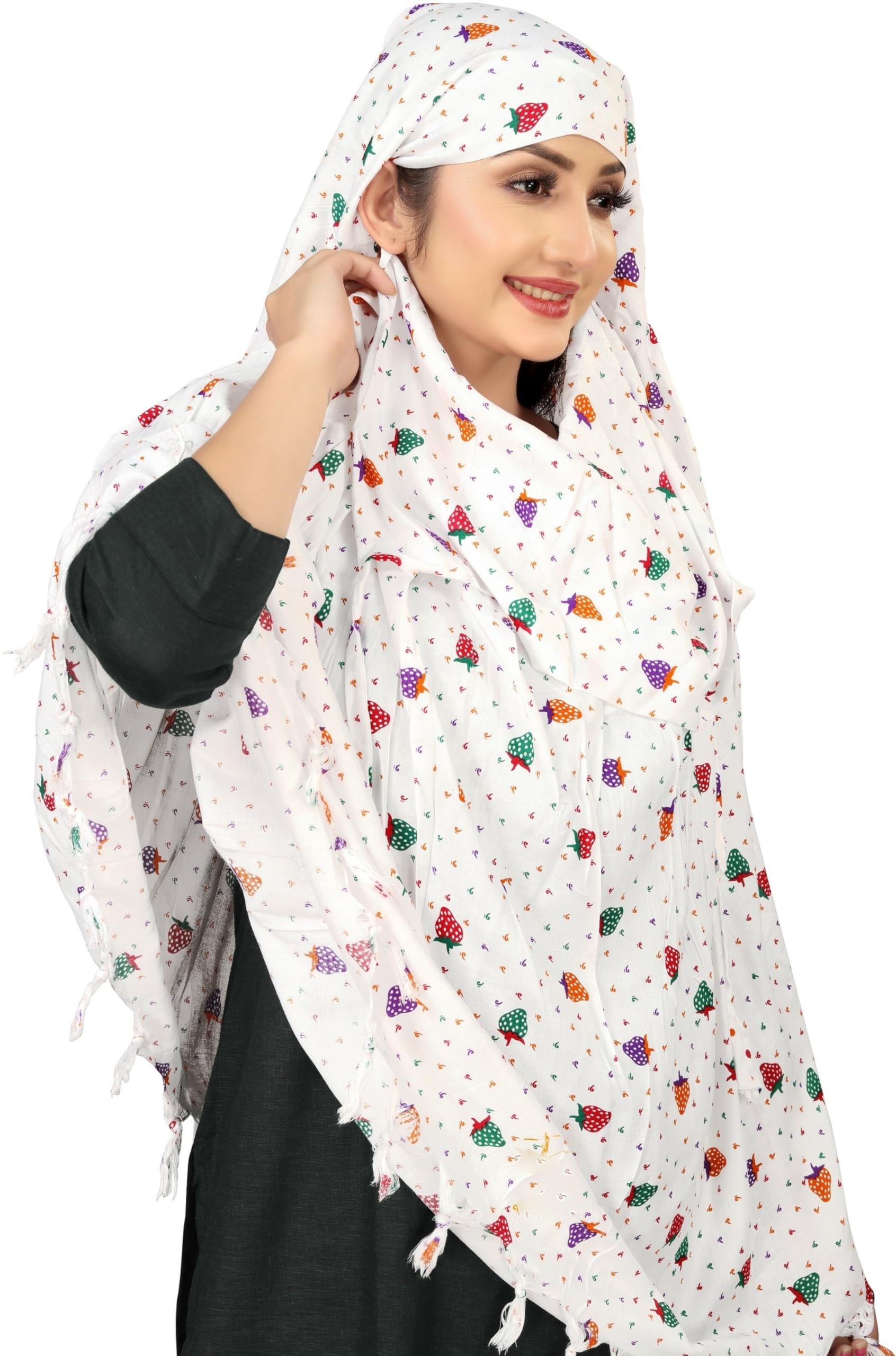 Sclout Soft Cotton Breathable Sun Protection Scarf Dupatta Usable for vehicle Driver | White Printed Design Stoles | Universal Size | For Girl & Women | Light Weight (Scarf - Strawberry)