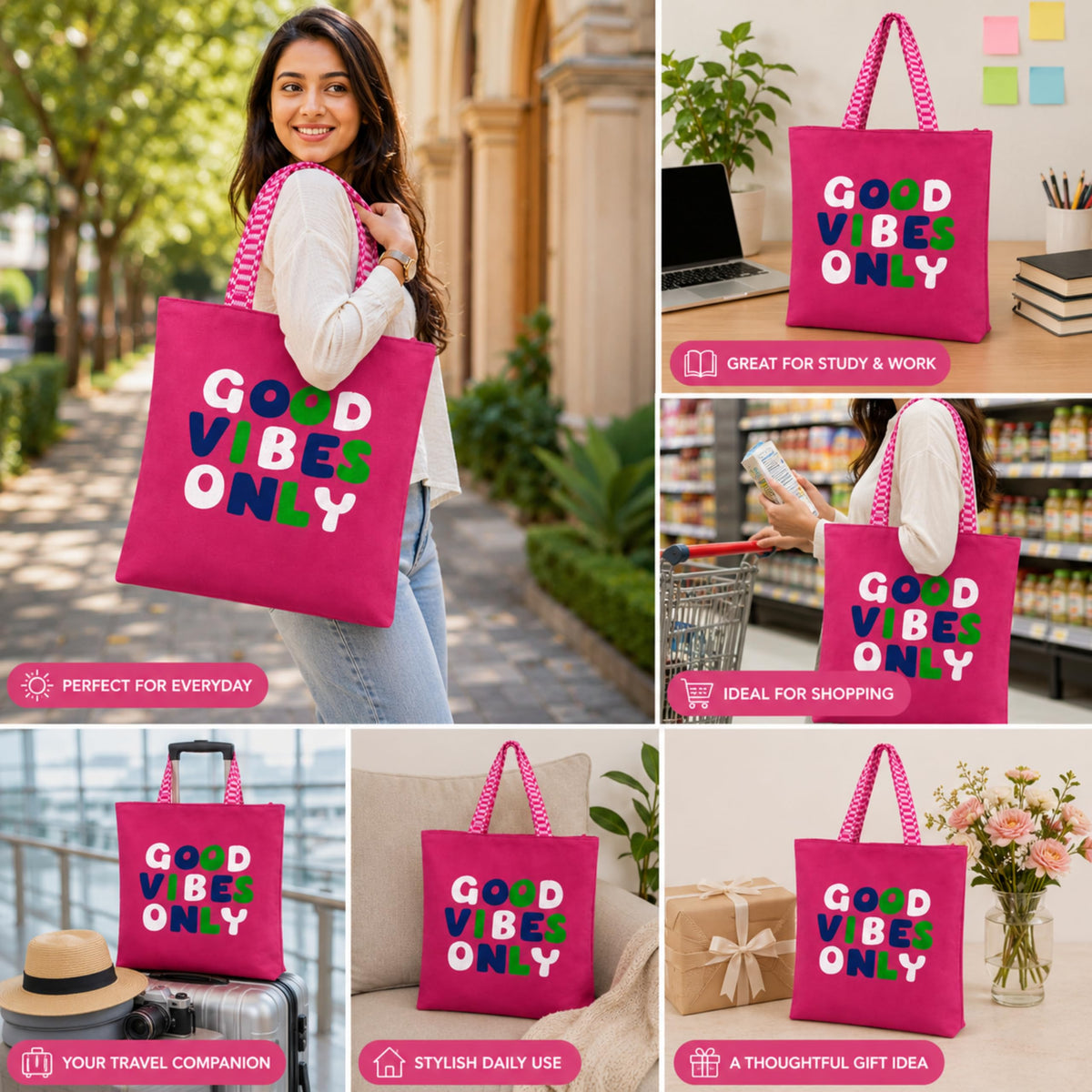 cantainoo Tote Bags | 300 GSM Canvas Tote Bag for Women | Tote Bags for Women | College, Shopping, Office & Everyday Carry Bag (Good vibes-pink, Medium Pack of 1)