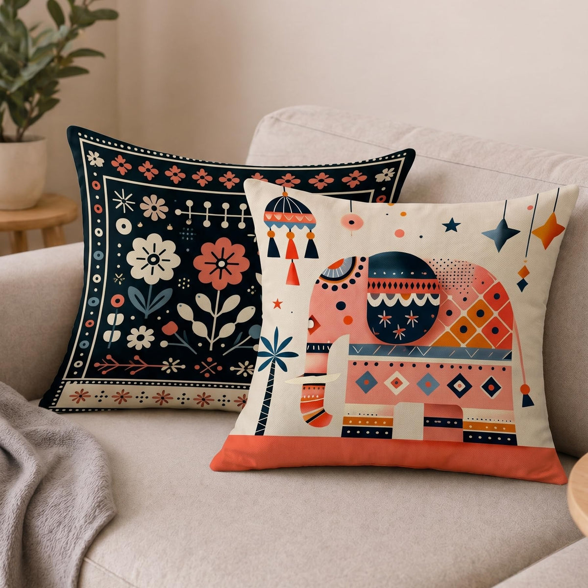 STITCHNEST Elephant & Boho Floral Satin Cushion Covers 16x16 Inch, Pack of 2 for Living Room, Sofa & Kids Room Decor