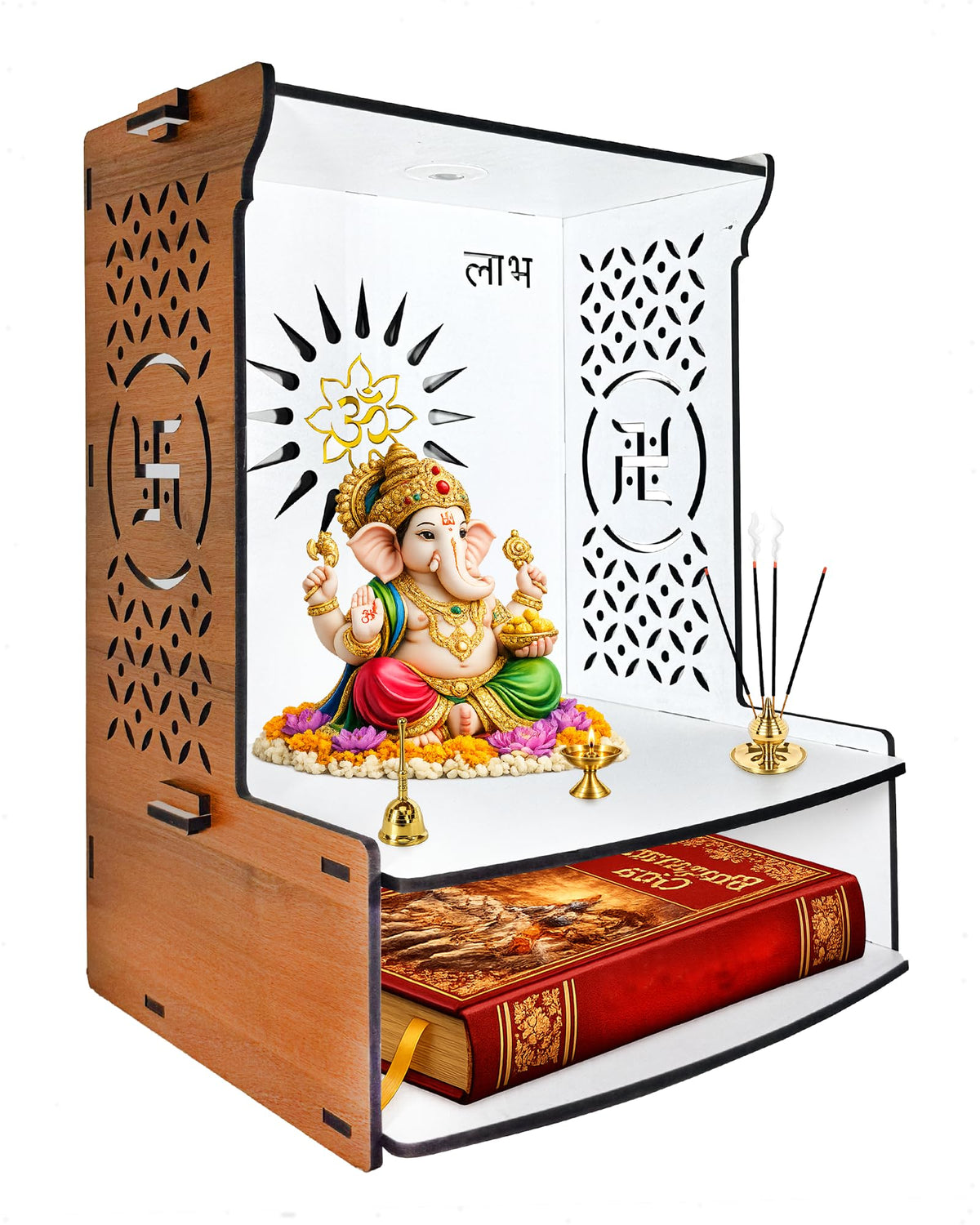 DEXORO Wooden Temple for Home Wall Mounted | Dual Tone Brown & White Mandir with LED Light | Small Pooja Mandir for Home, Office & Decoration