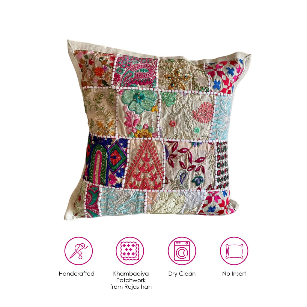 ATRANGI STUDIO Patchwork Cushion Covers - Set of 2 | Handcrafted Khambadiya Patchwork | Rajasthani Art Pillow Cover | Ethnic Cushion Covers for Sofa, Bed & Home Decor | 16x16 Inch, White