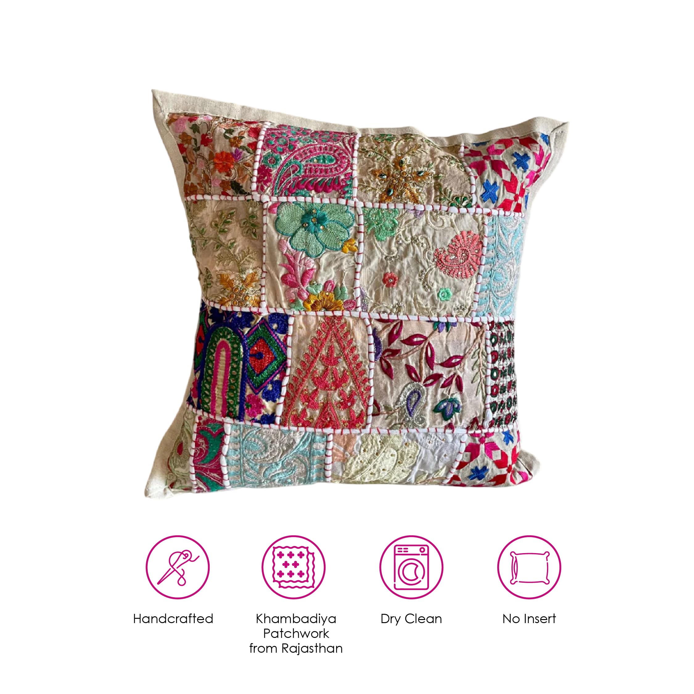 ATRANGI STUDIO Patchwork Cushion Covers - Set of 2 | Handcrafted Khambadiya Patchwork | Rajasthani Art Pillow Cover | Ethnic Cushion Covers for Sofa, Bed & Home Decor | 16x16 Inch, White