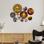 Artvibes Golden Buddha Doing Meditation Round Shape MDF Wooden Wall Decor Items | Wall Art Painting For Hall | Wall Paintings | Handcrafted Art | Ethnic Wall Decor | Gift Items (WPS_123N), Set of 11
