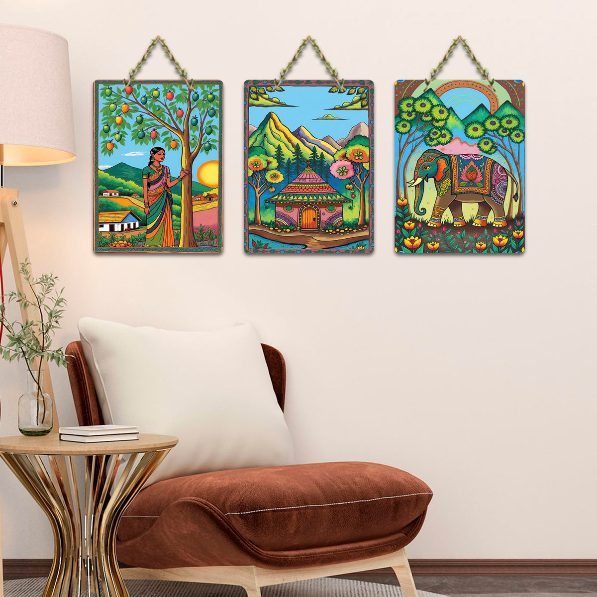 Artvibes Village Life Indian Folk Art Wall Hanging Decoration Item For Home | Living Room | Birthday Gift | Decorative Items For Home Wall | Wooden Wall Hanging Decoration |Door Decor Item (WH_9678N)