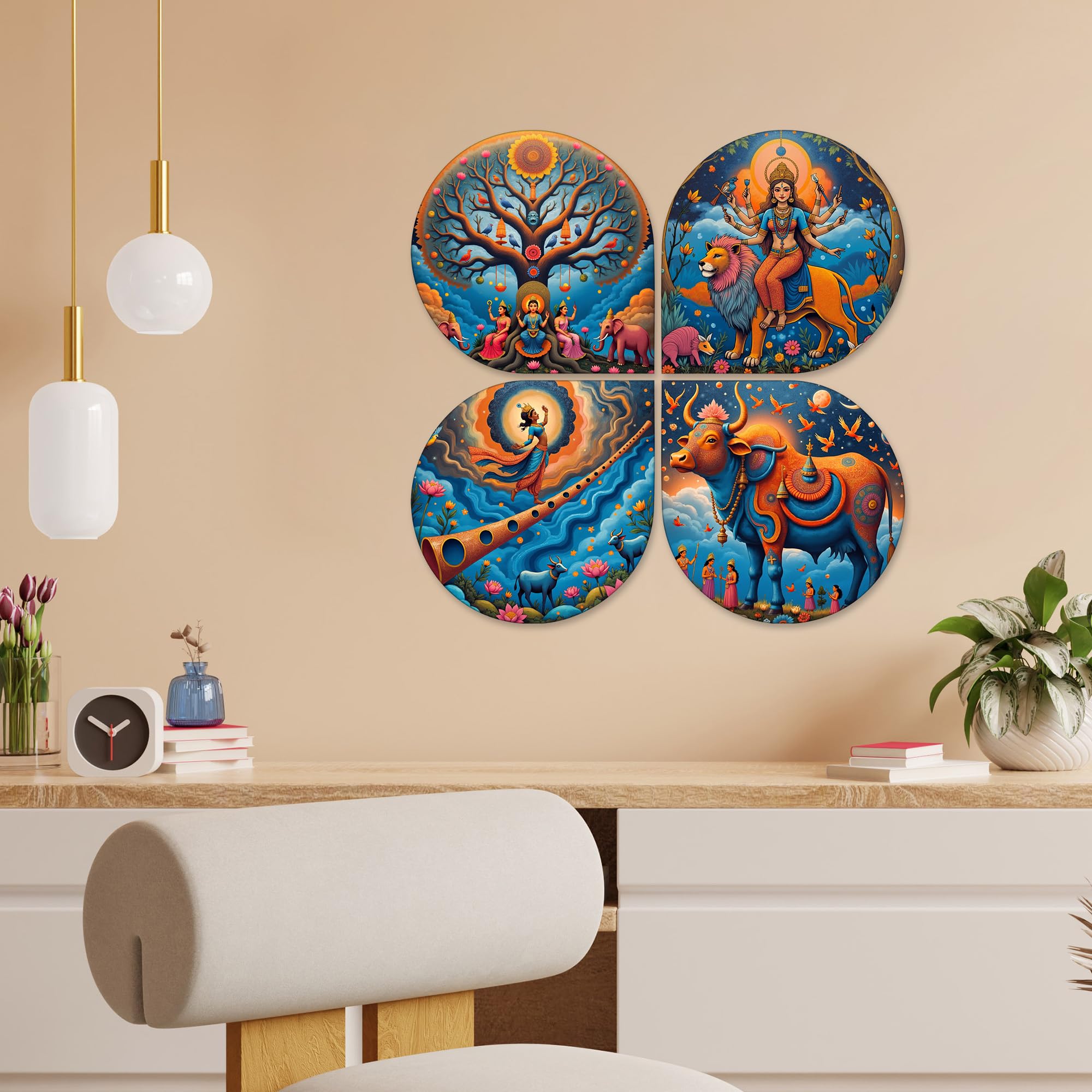 Artvibes Spiritual Decorative MDF Wooden Wall Art for Home | Graphic Artwork | Door Decoration Items | Paintings For Wall | Aesthetic Wooden Decor | Handcrafted Art | Ideal Gifts (WH_8440N), Set of 4