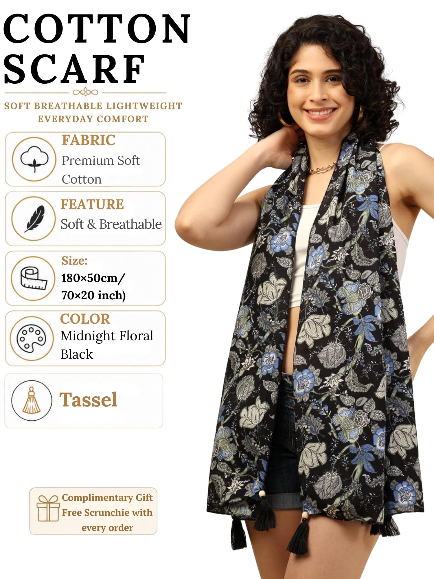 KE KANHA EXPORTS Cotton Scarf with Tassels|Scarf for Women Stylish|Stole for Women|Breathable Boho Beach Summer Wrap|Multicolor Scarf|Easily Fits 180 * 50 CM