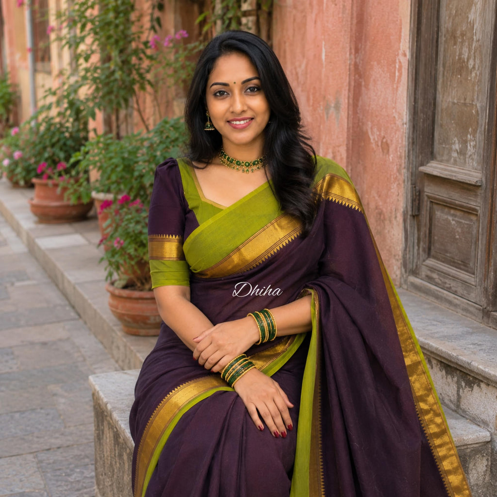 DHIHA Chettinad Cotton Saree for Women | Pure Kanchi Cotton Double Border Saree with Running Blouse | Zari Big Border & Tassels | Handloom Weave (Coffee Brown Trisha Inspired)