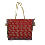 E - Ezra Designer Ethnic Handmade Brocade Silk Tote Bag For Women's Shoulder Bag Shopping Bag For Girls 16 Inch (Red)