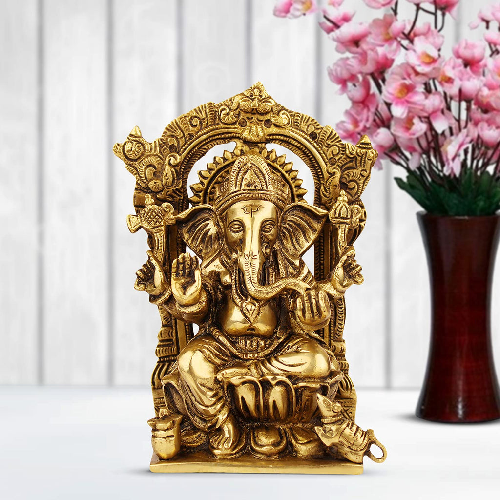 ARTVARKO Brass Lord Ganesh Murti Mangalkari Ganesha Sitting on Lotus Singhasana with Kalash and Mouse Idol Statue for Home Entrance Decoration Showpiece and Gift Height 7.5 Inches