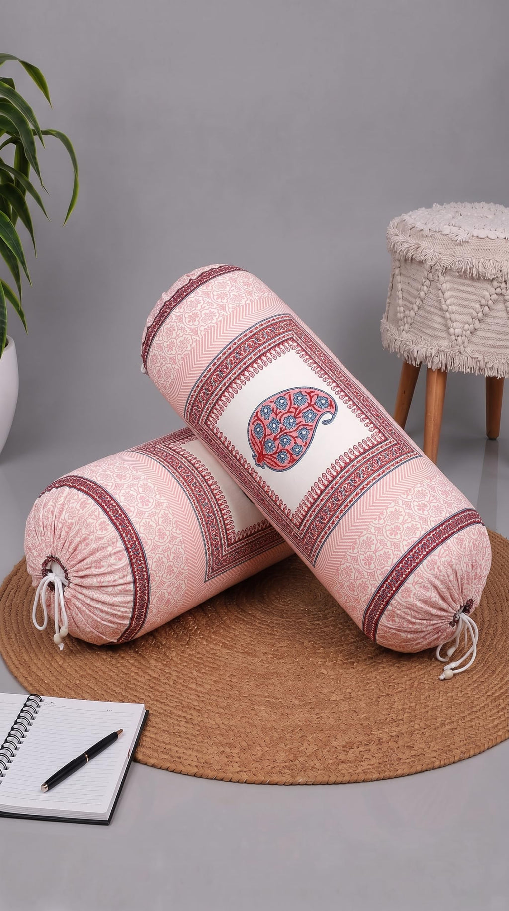 BLOCKS OF INDIA Cotton Hand Block Printed Bolster Cover | Booster Cover with Drawstring | Round Long Pillow Cover for Bed | Dewan Pillow Cover Set 16 X 32 | Set of 2 (Color 43)