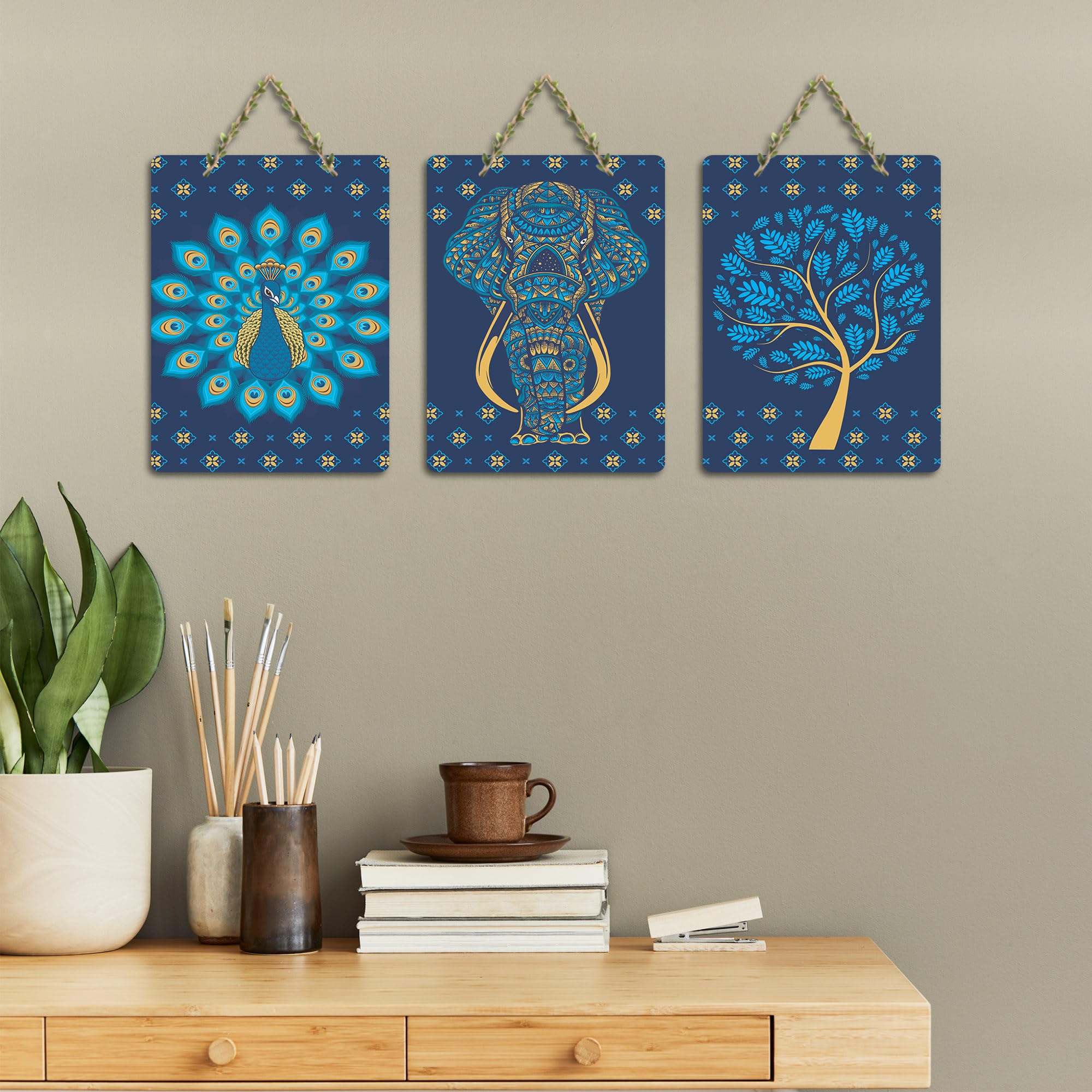 Artvibes Elephant & Peacock Aesthetic Modern Art Wooden Wall Hanger for Home Decor | Art For Wall | Door Decoration Items | Graphic Artwork | Aesthetic Wooden Decor | Unique Gift (WH_96150N), Set of 3