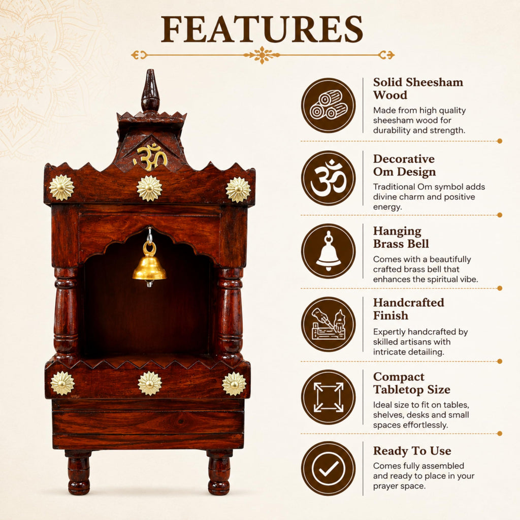 CraftVeda Premium MDF Wooden Pooja Mandir for Home & Office | Wall Mounted Devghar Temple with LED Spot Light | Space-Saving, Durable Pooja Unit (Brown Finish, 13x6x7 Inches)