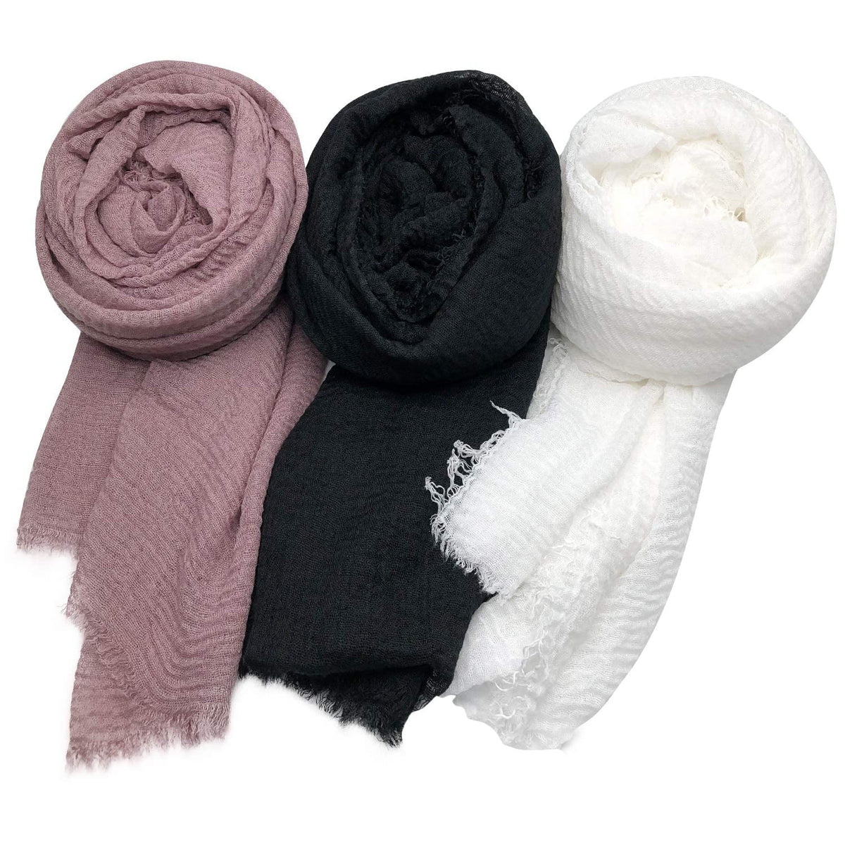Iba & Isba Women's Plain Crinkled Scarves, Stoles, Hijab (76 x 36 inch) (Black, White & Mauve)