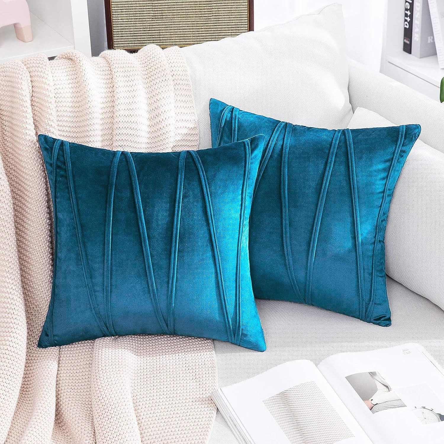Khooti Velvet Striped Cushion Cover Pack of 1-14X14/36X36 Cm | Sea Blue | Soft Pillow Covers Cushion Case for Sofa Bedroom Living Room Chair Car, Cushion Cover with Zig Zag Pattern