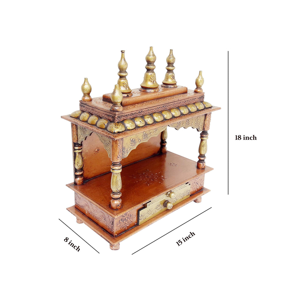 Vipron Wood Pooja Mandir Temple for Home Handicraft Hindu Pooja Ghar Mandap for Worship Copper Gold Painted Home Wall Decor Shrine