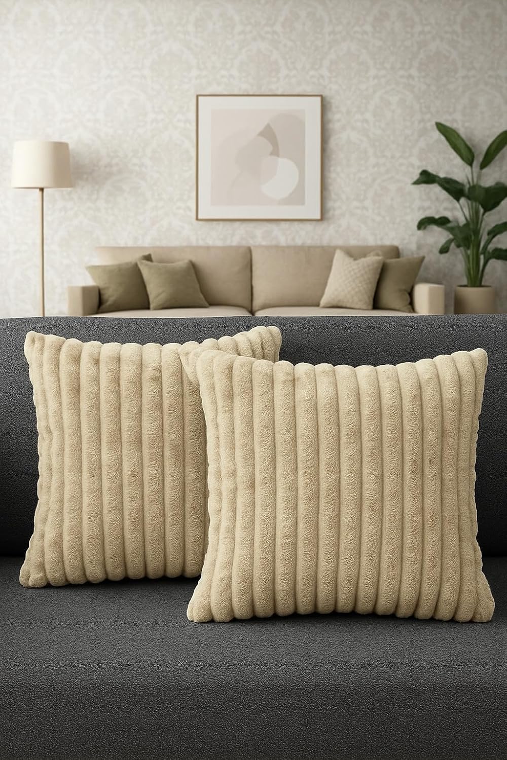 AWARD VELVETS Premium Faux Rabbit Fur Plush Luxury Soft Fluffy Striped Decorative Throw Pillow/Cushion Covers for Sofa, Couch, Living Room - (Beige, 16 x 16 inch) Set of 1